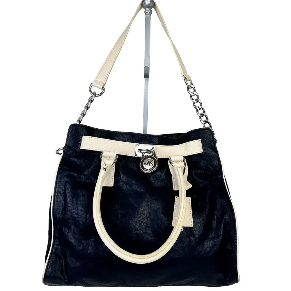 Michael Kors Hamilton East West Tote Shoulder Bag Navy Cream Leather Lock & Key